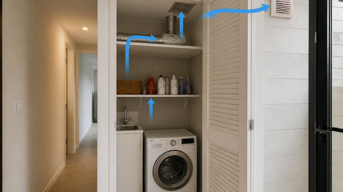 Cutaway diagram of a hallway laundry cupboard showing a humidity-activated exhaust fan ducted through the ceiling to an external wall vent, with louvred door and airflow arrows