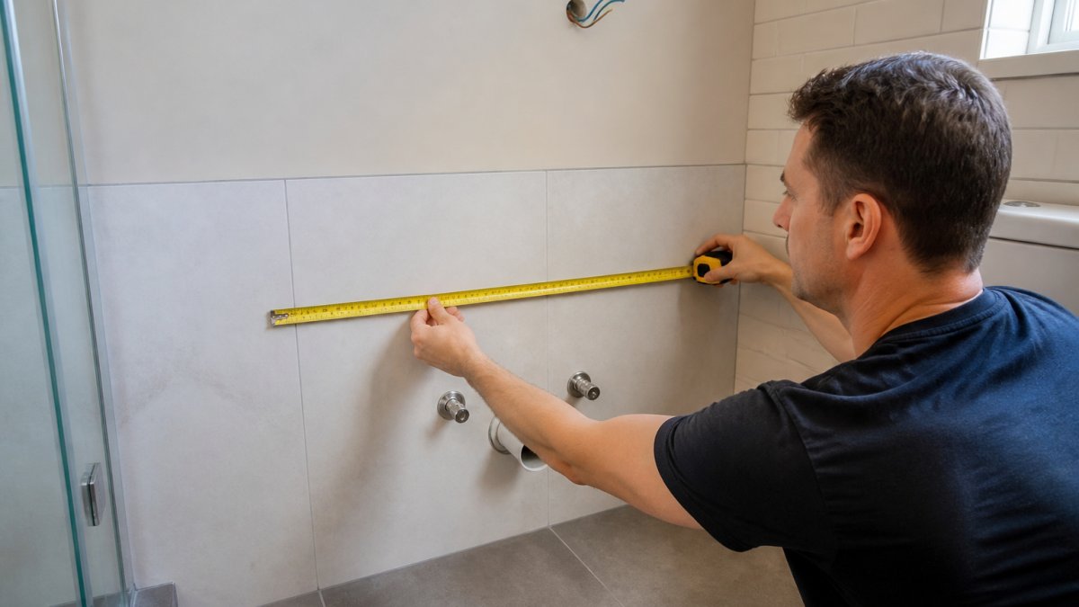Step-by-step guide on using a tape measure to determine the correct bathroom vanity size for your space.