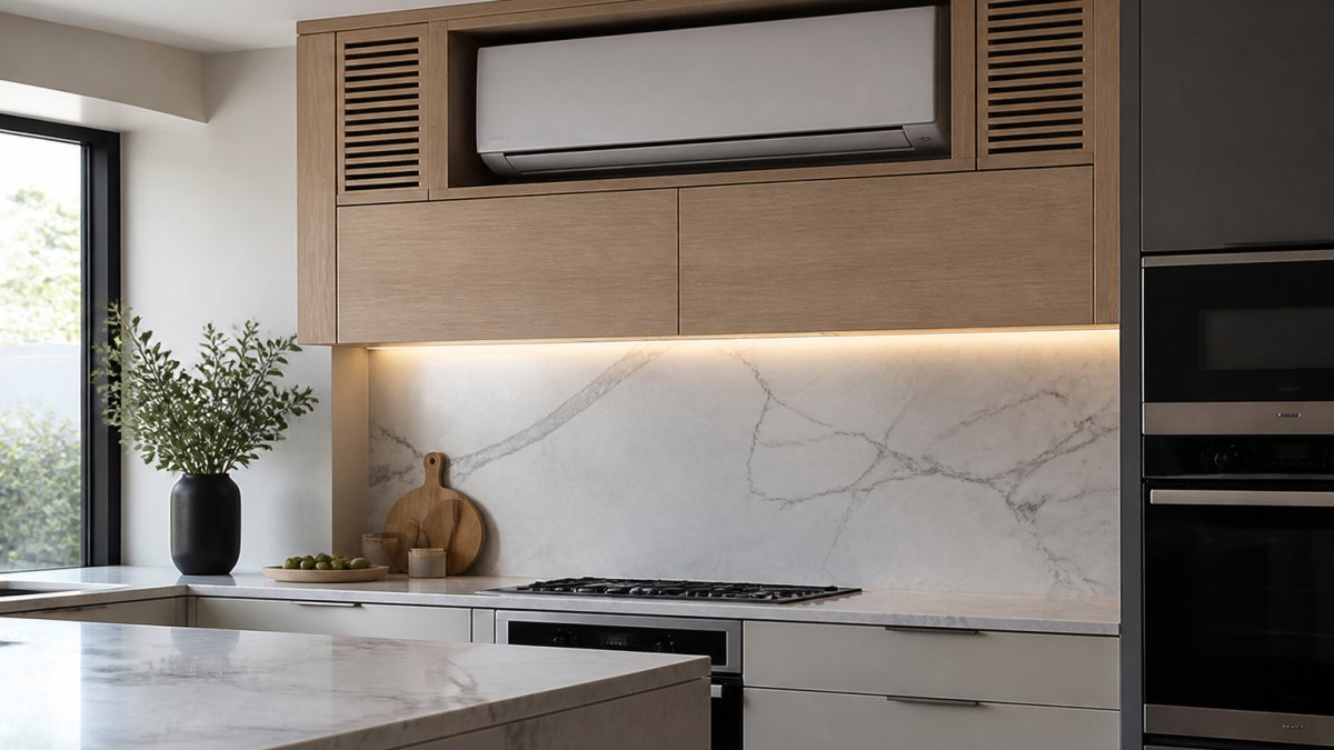 Professional kitchen with wall-mounted split system indoor unit integrated into custom cabinetry featuring louvred panels on sides, allowing visible airflow around the unit with modern finishes and natural lighting