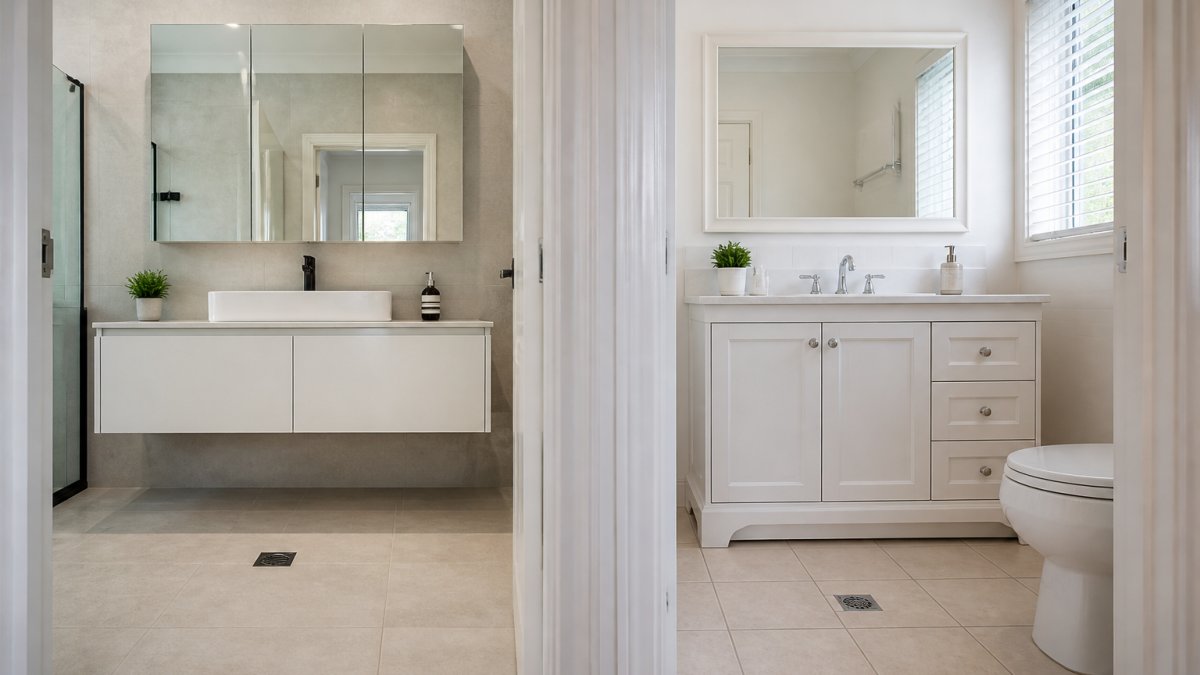 Modern bathroom with wall-hung floating vanity in white with clean lines, open floor space visible beneath, contrasted with adjacent bathroom showing traditional freestanding vanity sitting on floor tiles