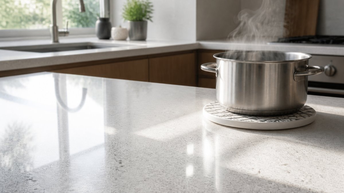 Close-up of a modern kitchen benchtop with a ceramic trivet protecting the quartz surface from a stainless steel pot with steam rising, morning natural light from a window
