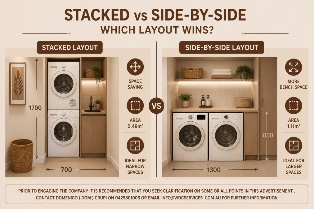 Professional laundry room showing compact stacked washer-dryer unit in narrow alcove beside a wider space with side-by-side configuration, demonstrating the space efficiency difference between layouts