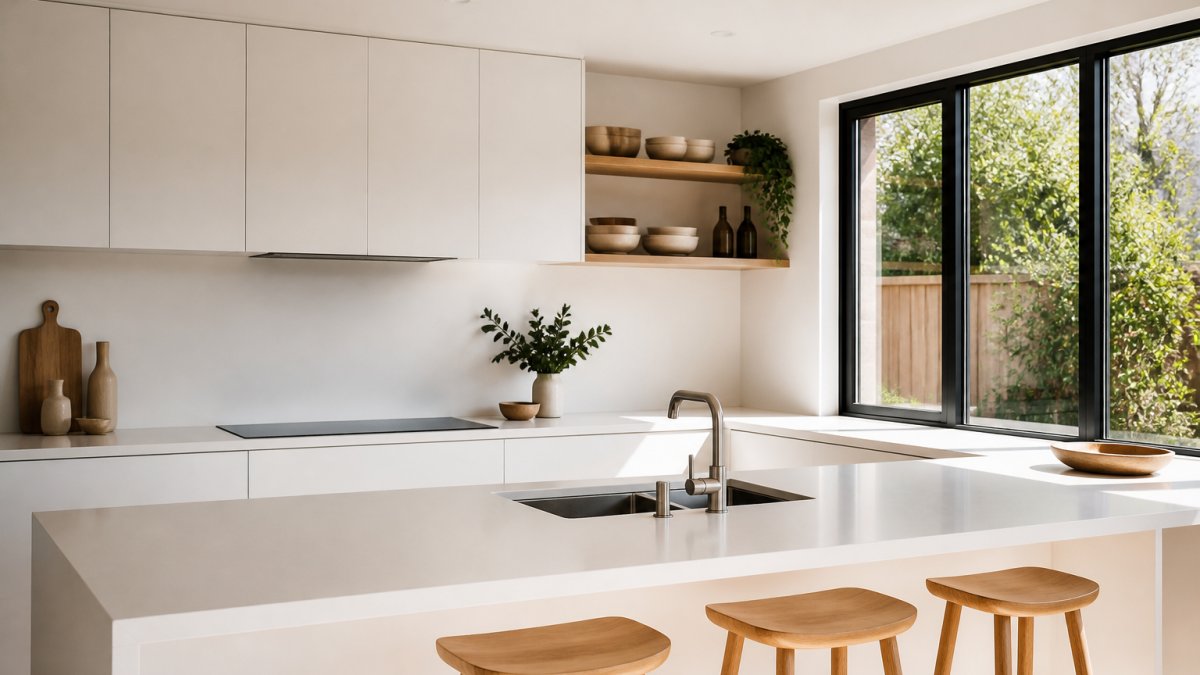 Bright minimalist kitchen with white cabinetry, open shelving, clean bench space, and natural light streaming through large windows, showing simplified design and functional beauty