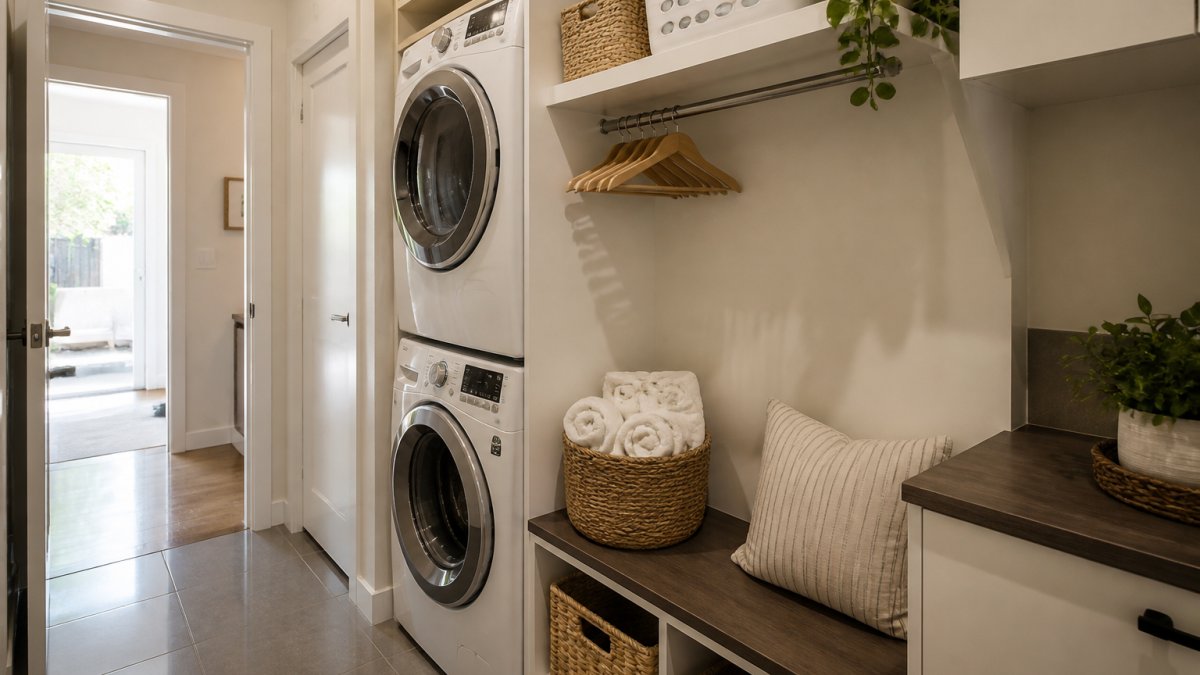 Compact laundry room with front-load washer and dryer stacked vertically, showing clear pathways, organised shelving above, and a small folding bench beside the appliances