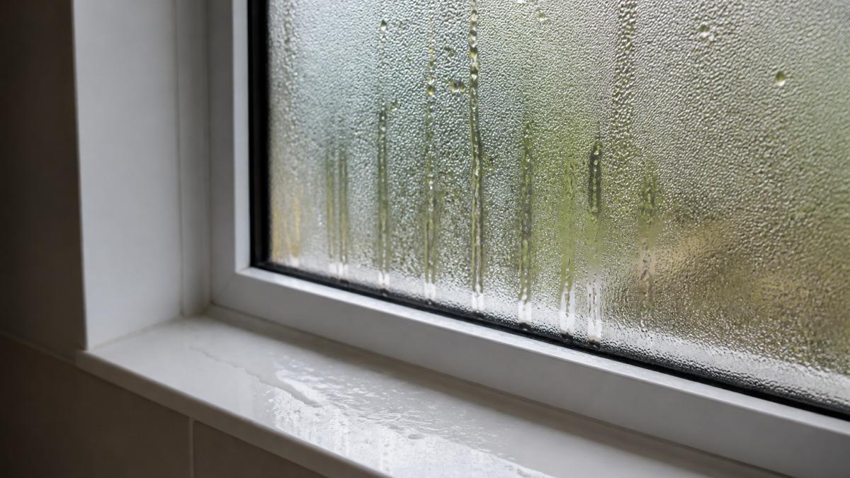 Condensation droplets and moisture streaking on a laundry room window due to poor laundry room ventilation.